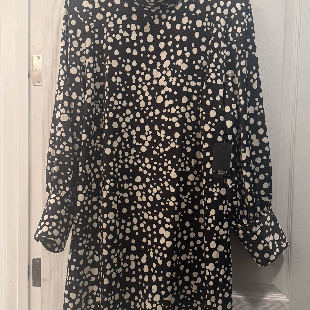 Eloquii Black and White Long Sleeve Polka Dot Dress